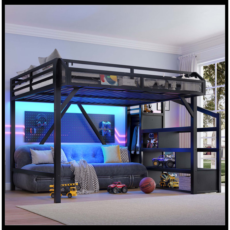 Queen Loft Bed With Storage Stairs, Shelves And Built-In Wardrobe, Metal Loft Bed Frame With USB Ports And LED Lights, Noise-Reduced Design, Black Woodgrain