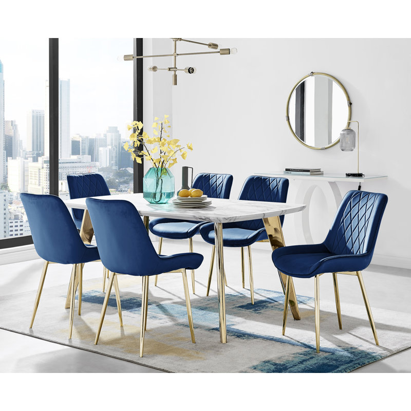 Anders Modern High Gloss Marble Effect Dining Table Set with 6 Luxury Velvet Dining Chairs, Gold, Navy/Gold