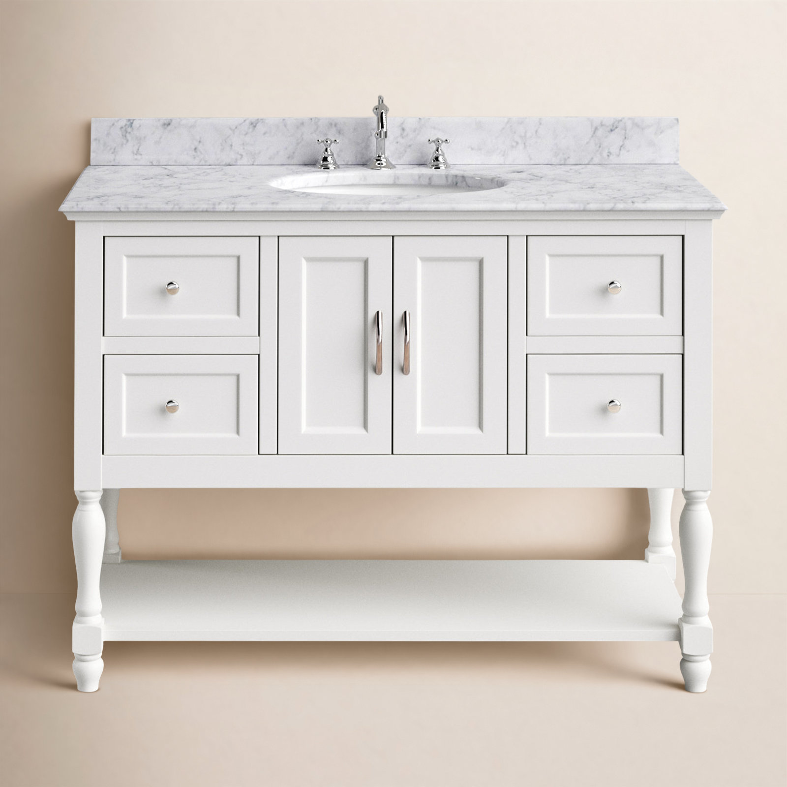 Hampton 48'' Single Bathroom Vanity, White, Carrara Marble