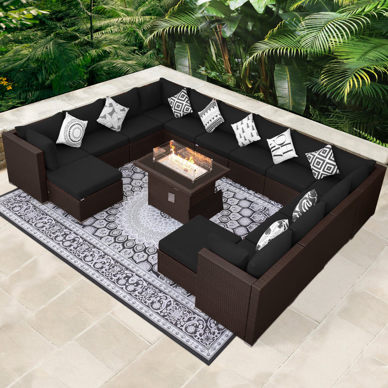 Pashk 12-Person 15-Piece Modular Wicker Outdoor Sectional Conversation Set with Cushions & 60,000 BTU Propane/Natural Gas Fire Pit Table