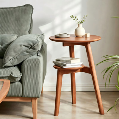 Table d'appoint ronde à deux niveaux en bois massif 100 %, table de chevet avec tablette de rangement inférieure, petite table de nuit pour salon ou chambre.