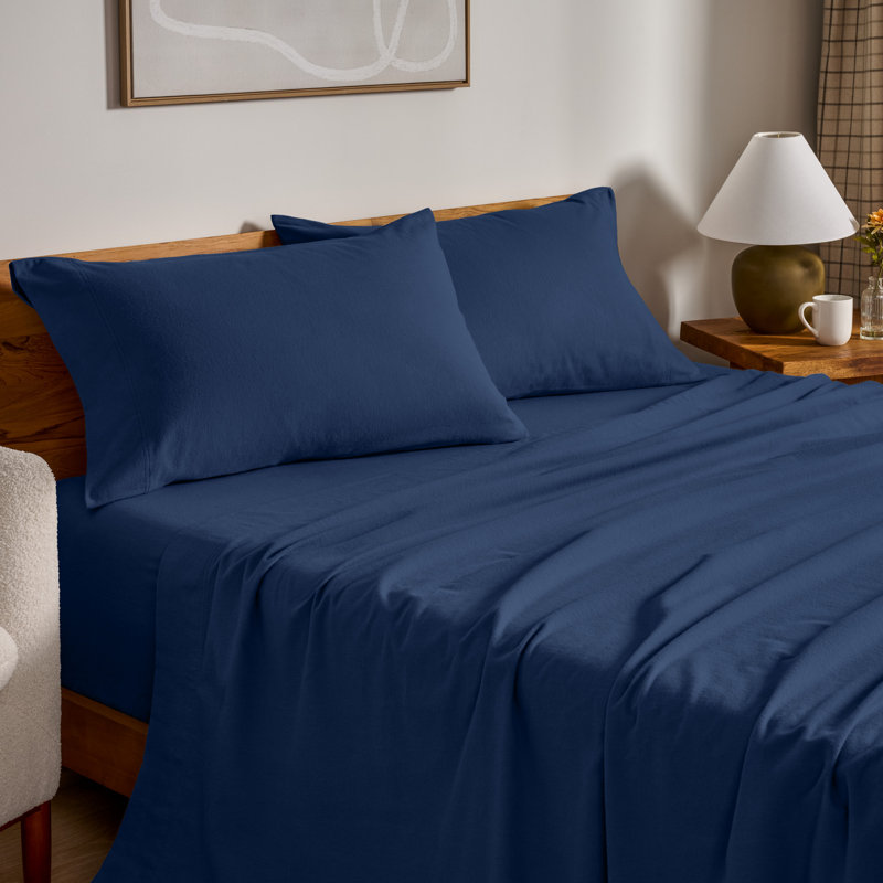 100% Cotton Flannel Sheet Set, Dark Blue, Split King Sheet Set with 2 Pillowcases