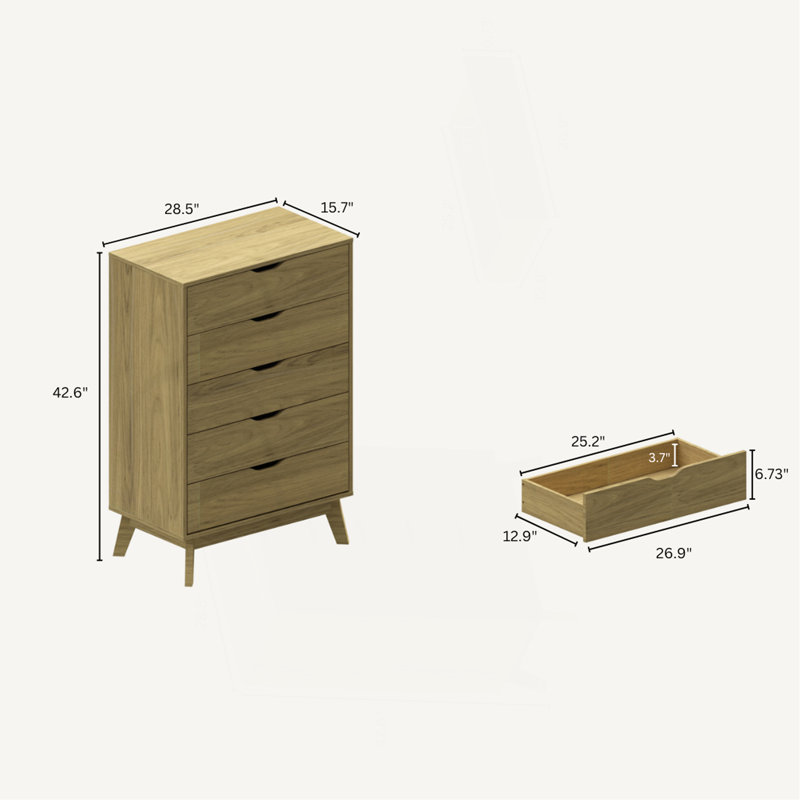 Commode à 5 tiroirs avec tiroir verrouillable NORDICA, idéale pour le rangement et l'organisation de la chambre à coucher.