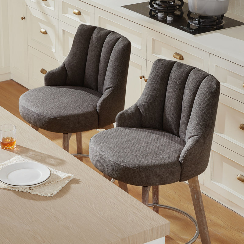 Tabourets de bar à hauteur de comptoir, tabourets de bar pivotants avec dossier, tabourets de bar de 2,26 po en bois massif, tabourets de comptoir rembourrés en tissu de lin épais gris