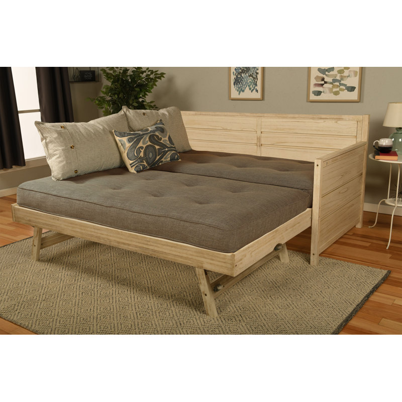 Braunste Twin MDF Wood Daybed with Trundle(Mattresses Included), Weathered White, Linen Stone