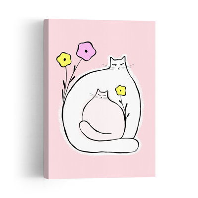 Cute Cat Family Whimsical Contemporary Cat Flower Wall Art Print