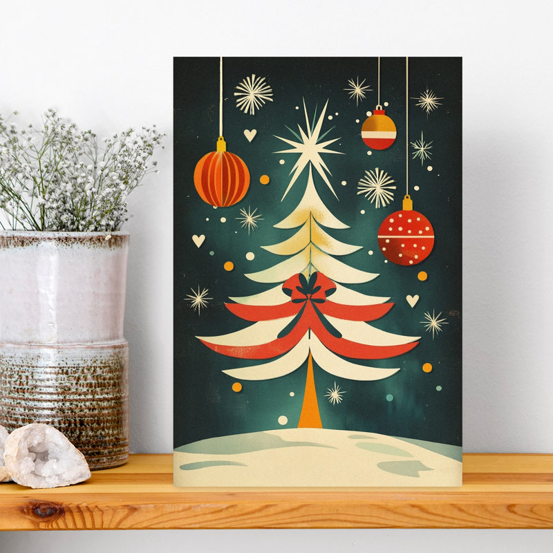 «Festive Mid-Century Tree Classic Modern Retro Christmas Tree Winter Landscape», reproduction d'art mural, 18" H x 12" W