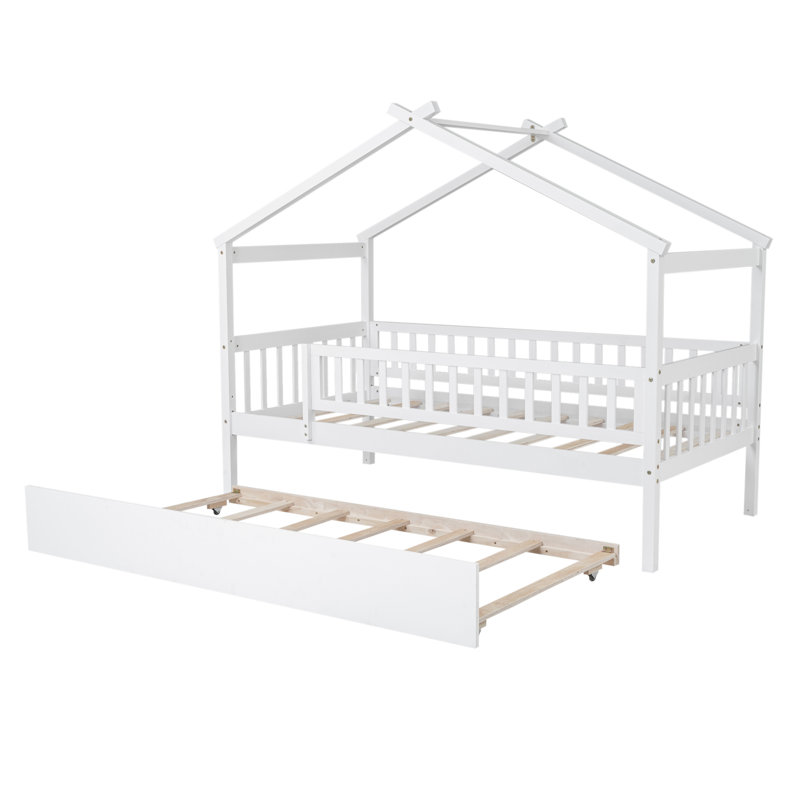 Wooden House Bed With  Trundle, White