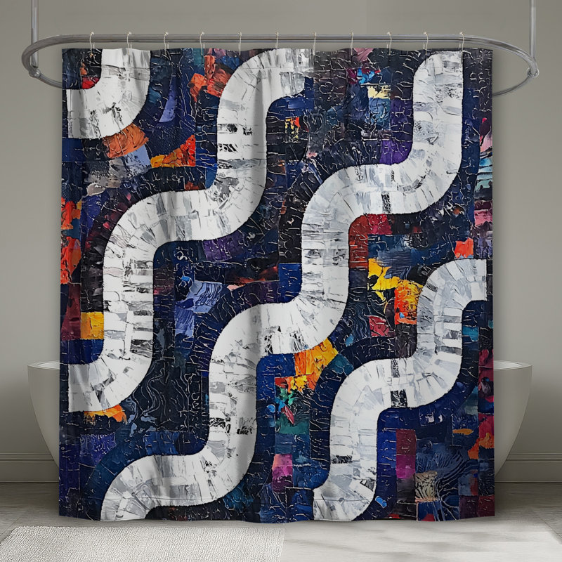 Rideau de douche abstrait - Art Modern Decor, H 73 po x l 70 po, Bleu géométrique
