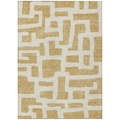 9' X 12' Gold And Ivory Abstract Washable Indoor Outdoor Area Rug