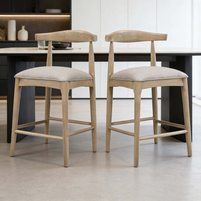 Mid-Century Modern Counter Stool Set Of 2 – Light Ash Wood Frame With Pebble Fabric Upholstery, Curved Backrest, Kitchen Island Bar Stools