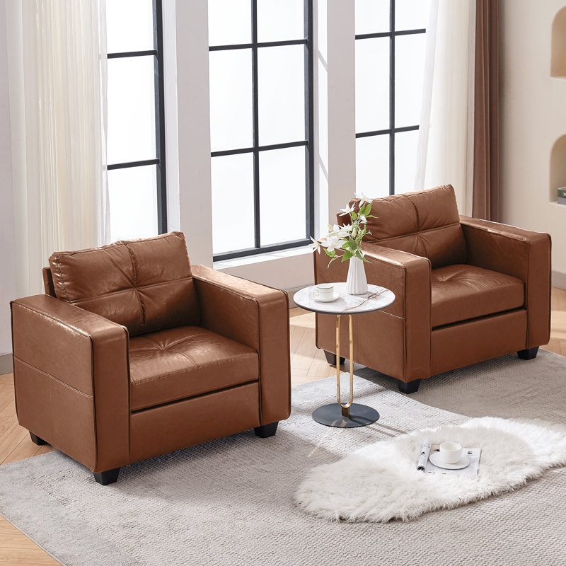38” Wide Faux Leather Armchair(Set Of 2), Brown