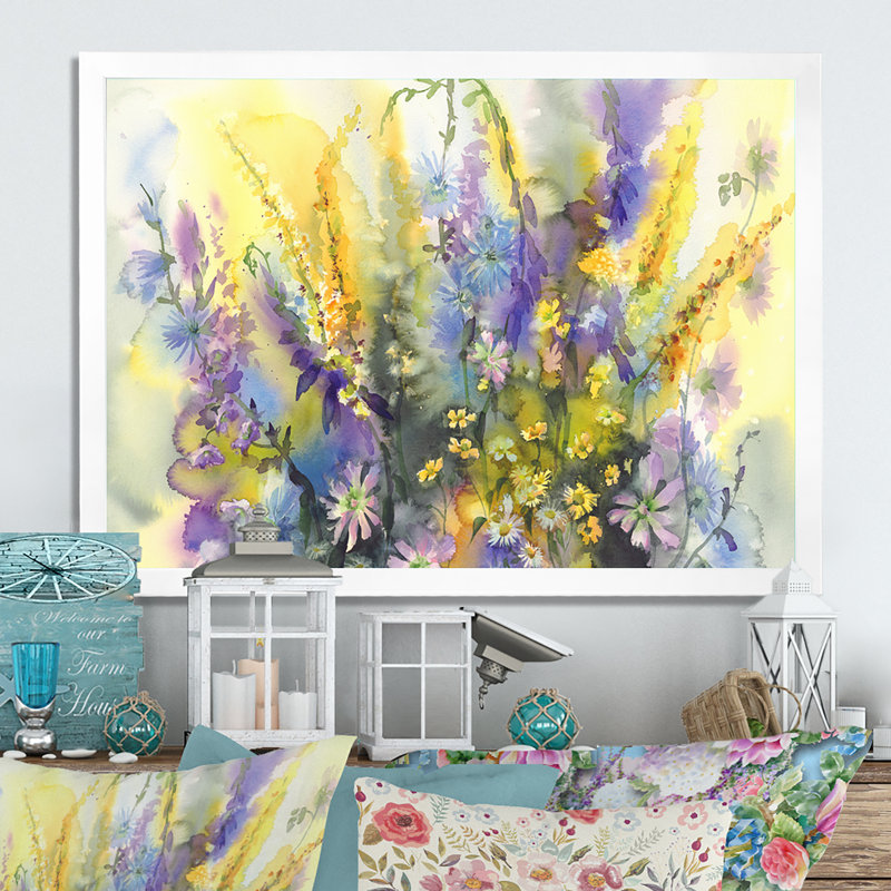 Fleurs d'été jaunes et mauves - reproduction sur toile, H 24 po x l 36 po x P 1 po, Cadre photo blanc