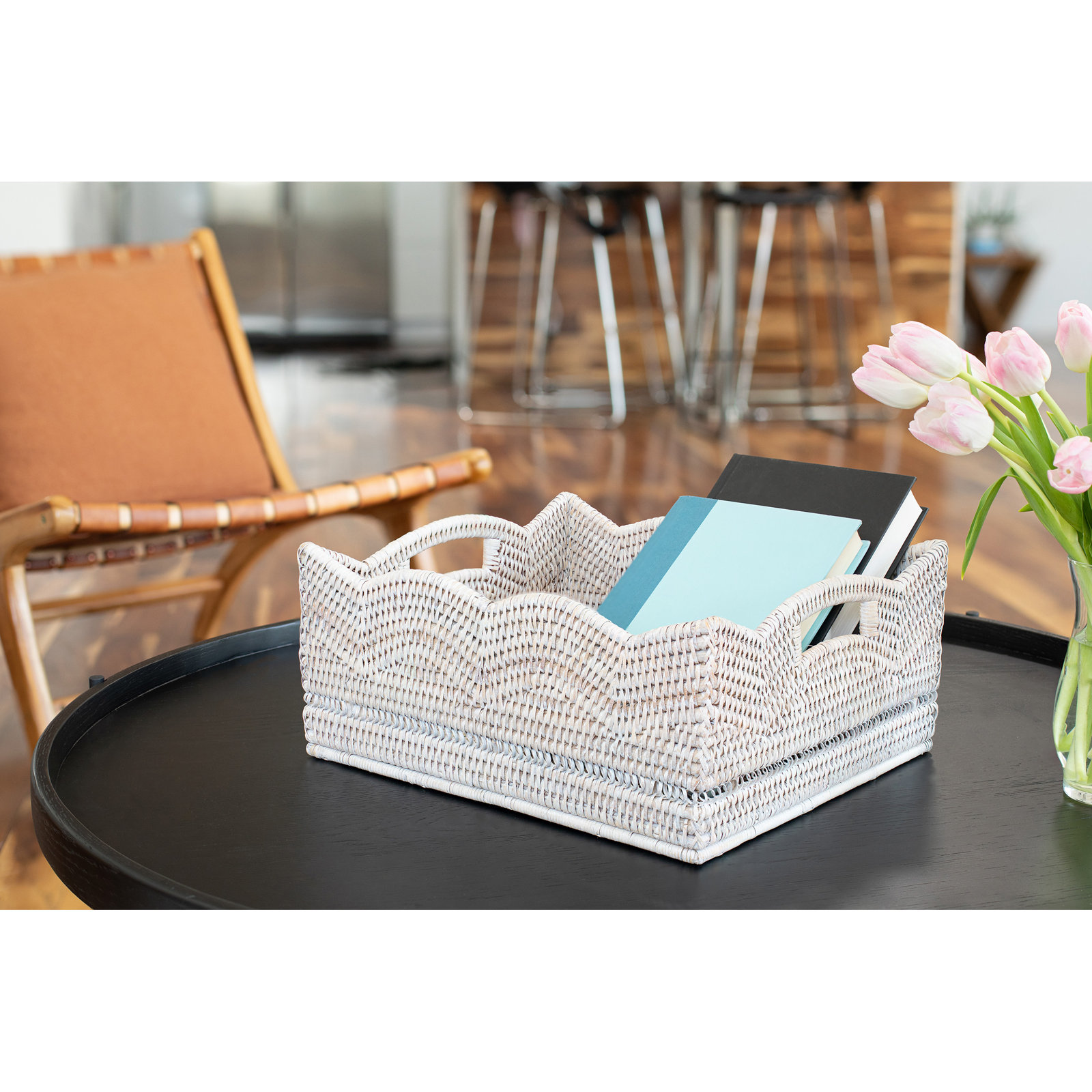 Landry Rattan Tray - Set of 1, White Wash, 6" H x 14" W x 12" D