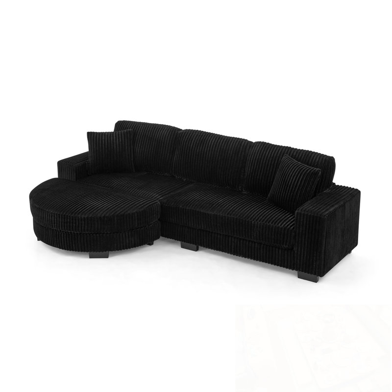 L-Shaped Sectional Sofa With Pillows And Ottoman, Black Corduroy