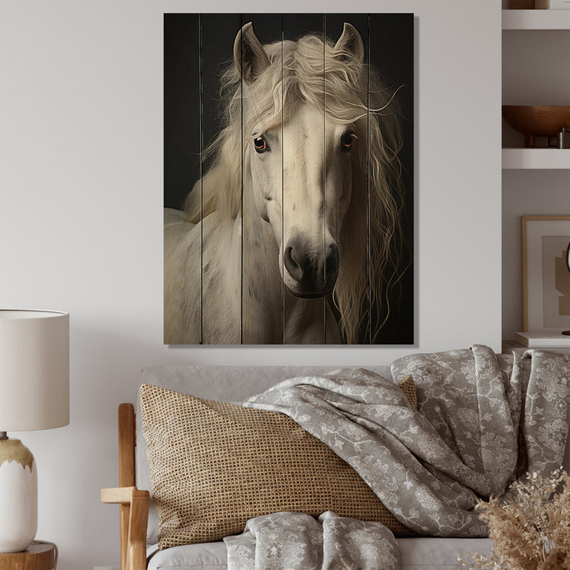Cheval blanc aux tons sobres sur bois, H 32 po x l 24 po x P 0,78 po