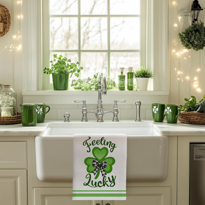 Set Of 2 Green Bowknot Lucky Shamrock Kitchen Towels, St. Patrick’S Day Farmhouse Holiday Decor