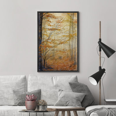 Autumn Forest with Golden Leaves Wall Art - Warm Foggy Woodland Painting, Framed Nature-Inspired Decor for Fall or Transitional Spaces