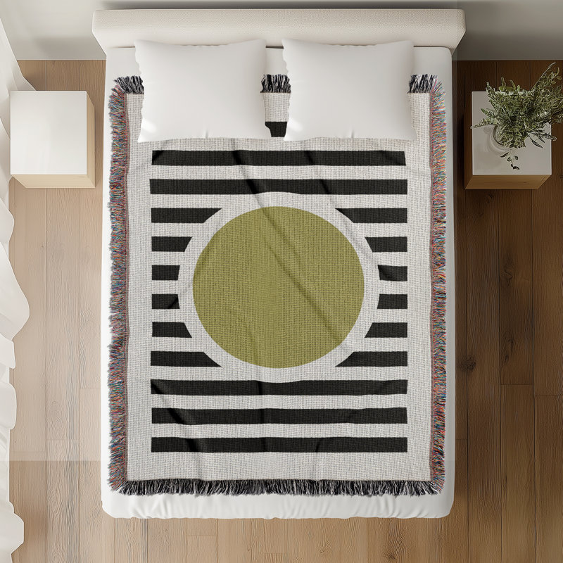 Jeté de lit rond en mélange de coton, L 80 po x l 60 po, Noir / chartreuse / blanc cassé
