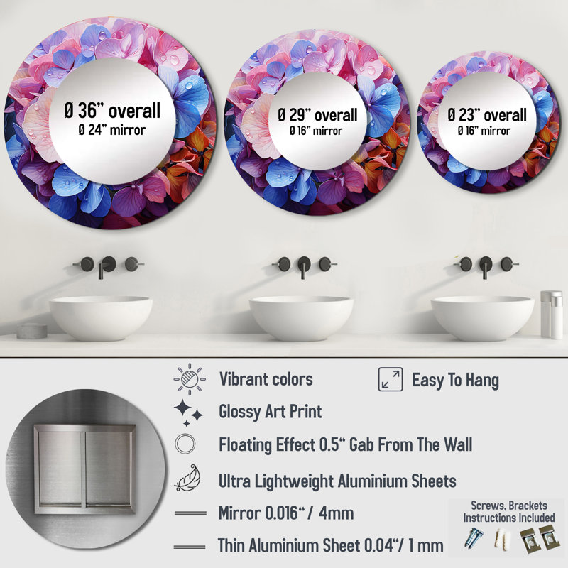 Pink Blue Hydrangea Blooming Symphony - Hydrangea Unique Wall Mirror Decor, Pink Large Round Mirror, Printed Metal Art