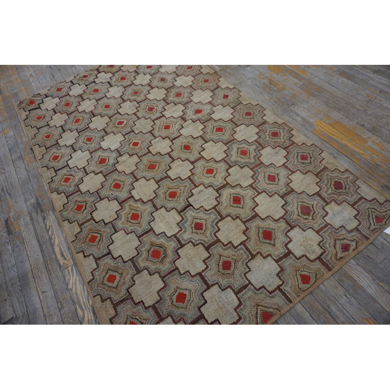 Antique Allover Geometric Wool & Cotton American Folk Art Hooked Rug