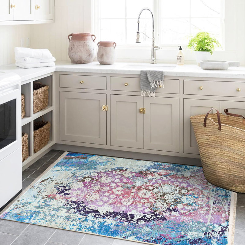 Tapis bleu à motif rétro rose Barcelona, Rectangle 4 pi 7,12 po x 6 pi 6,74 po