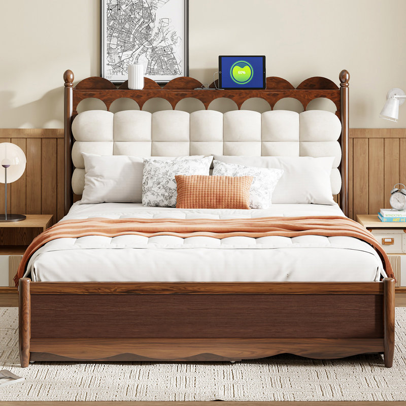 Grand lit plateforme en bois avec 2 grands tiroirs, lit gigogne simple TG, 1 ensemble de prises et ports USB, Noyer
