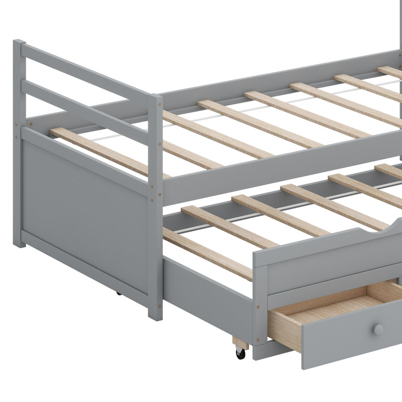 Wood Bed With Headboard, Footboard, Trundle And Three Storage Drawers, Gray