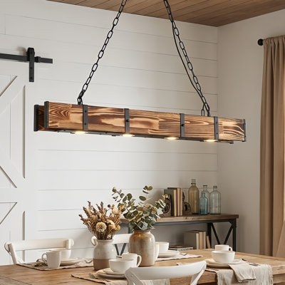 Luminaire suspendu linéaire à DEL 4 lumières avec îlot de cuisine en métal noir et bois Breiden pour salle à manger ou cuisine Breiden