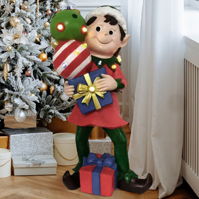 30-inch Elf Figurine Holding Presents with Built-in Multicolor LED Lights