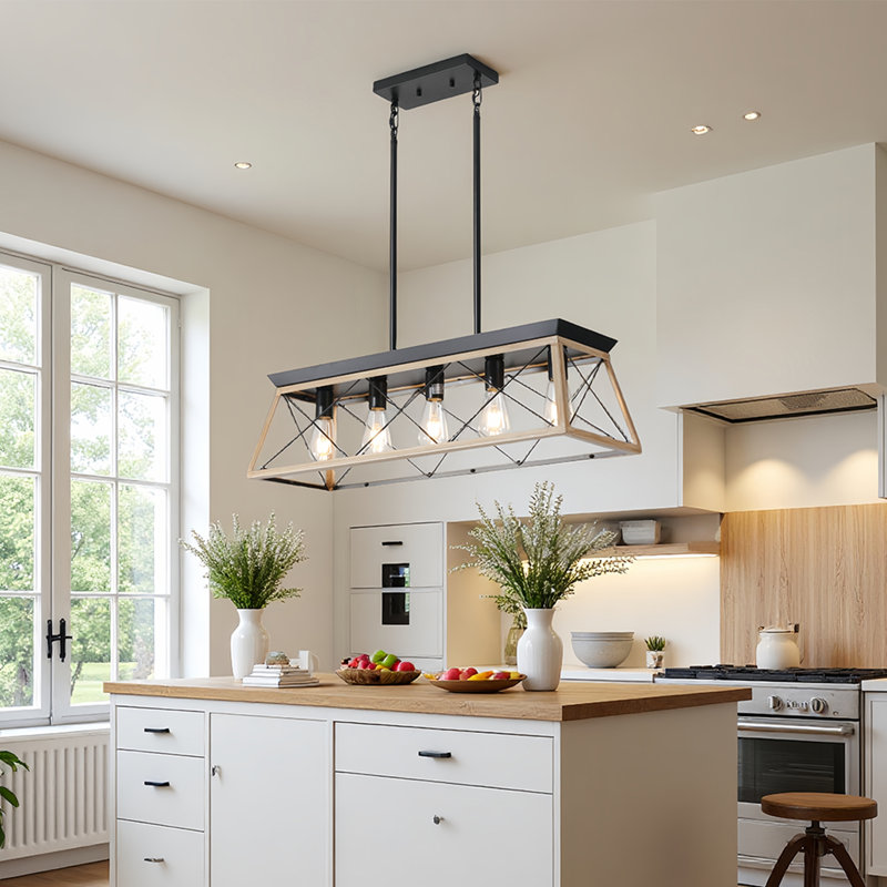 5 - Light Kitchen Island Linear Pendant with Wood Accents, Matte Black/Oak