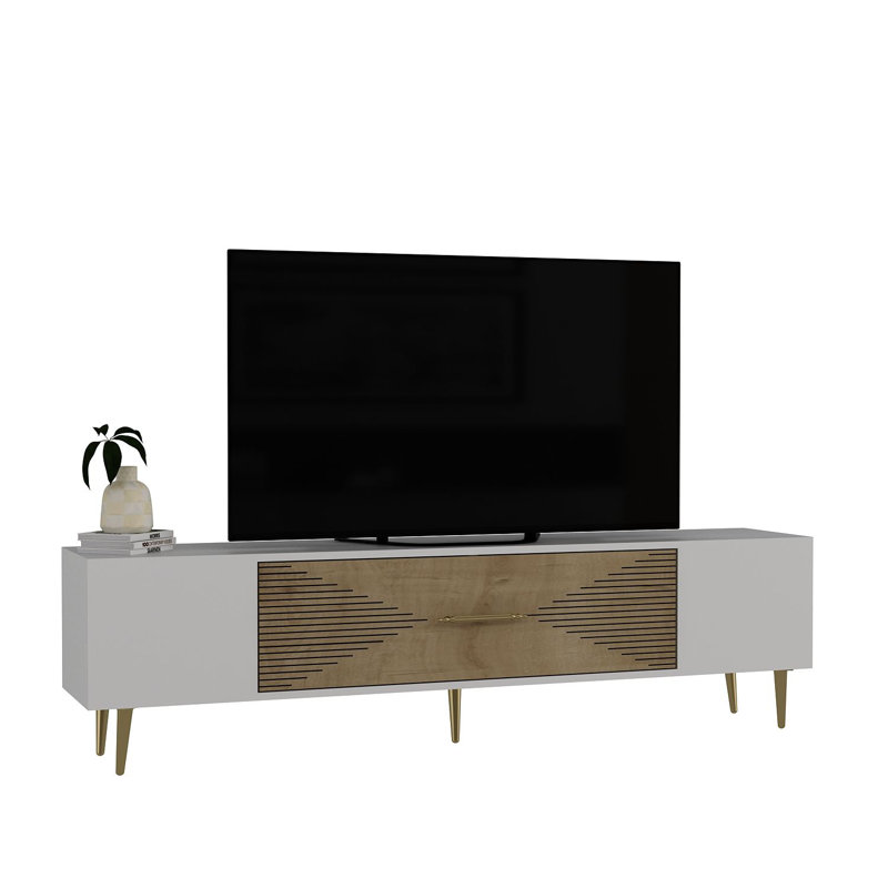 Meuble télé Catena Sleek Modern, chêne saphir et blanc / or, 59,1 po x 19,0 po x 11,6 po | Panneau de particules revêtu de mélamine à 100%, conception murale | Parfait pour le salon et les espaces de divertissement, élégant et fonctionnel