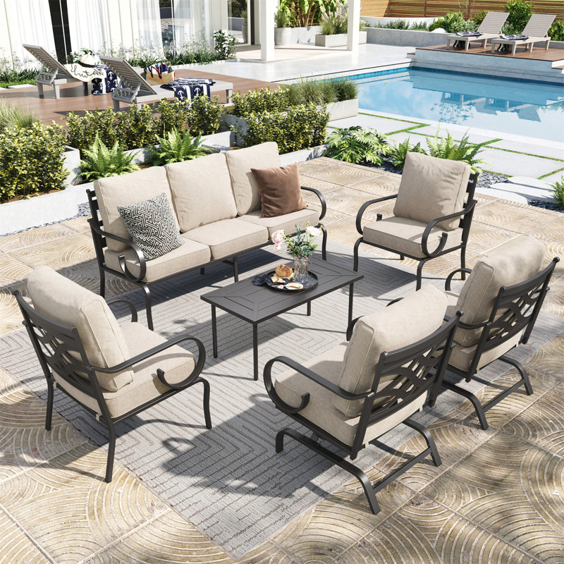 7 Person Outdoor Patio Seating Set With 2 Rocking Lounge Chairs, No, 6 Pcs: Table, Sofa, 2 Rocking Chairs,2 Arm Chairs, Beige