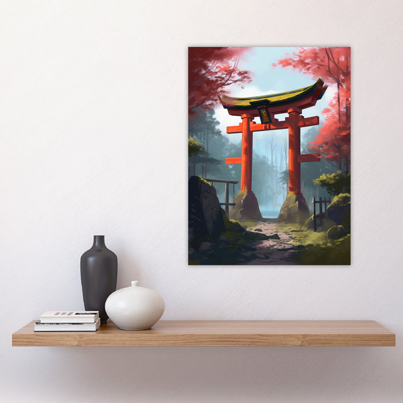 Wall Art Print Torii Gate Leading to Shinto Shrine in Forest Painting Tranquil Sacred Grounds Landscape Poster