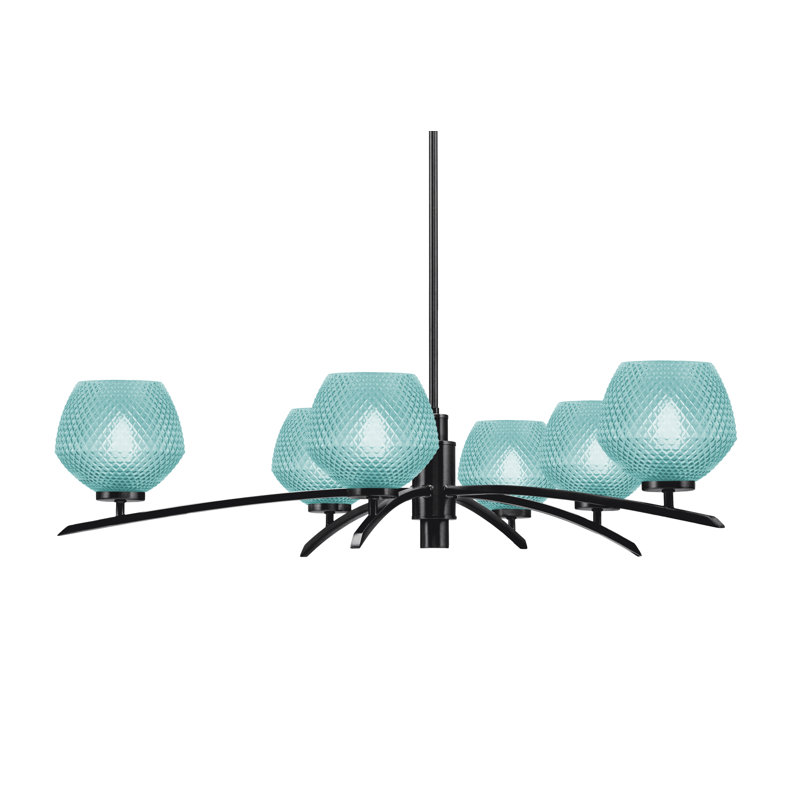 Lustre lumineux avec verre texturé turquoise de 6 po, H 58,25 po x l 32 po x P 32 po, Noir mat, 6