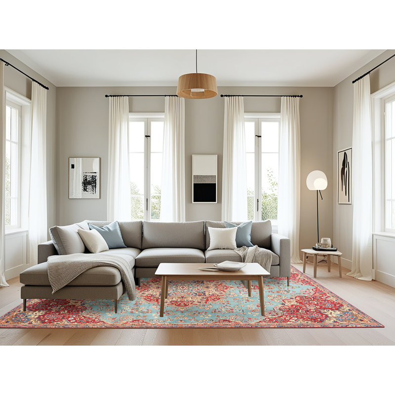 Bleu oriental/rouge/beige Tapis décoratif, Rond 8 pi