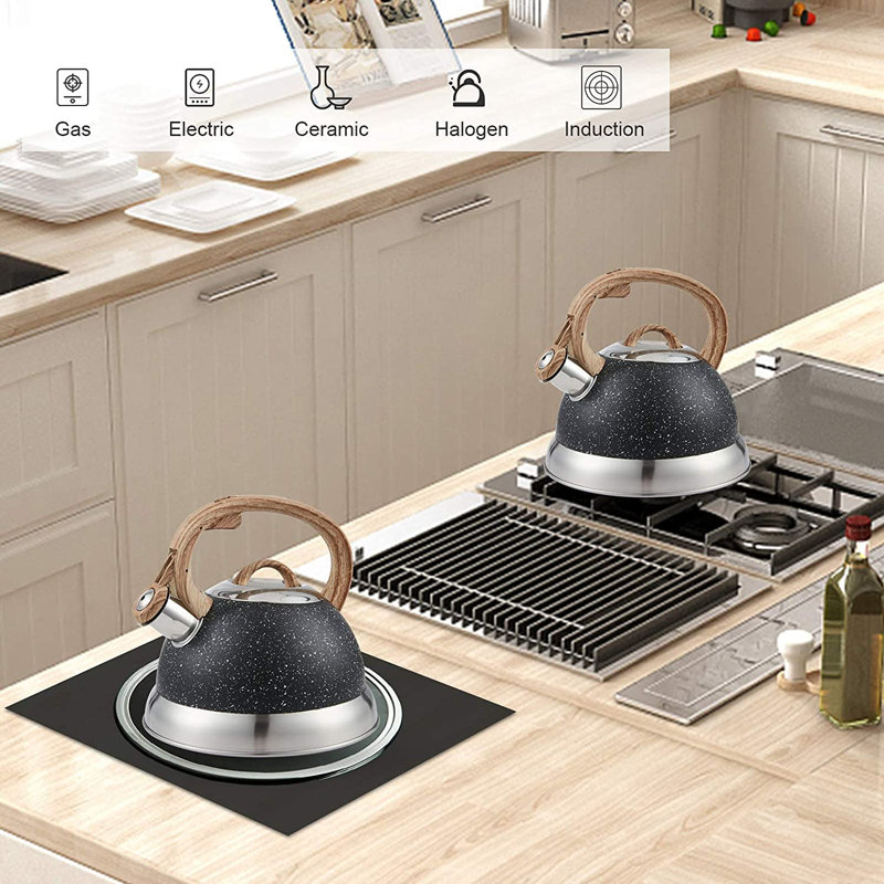 2.3 Quart Black Stainless Steel Whistling Tea Kettle with Wood Handle