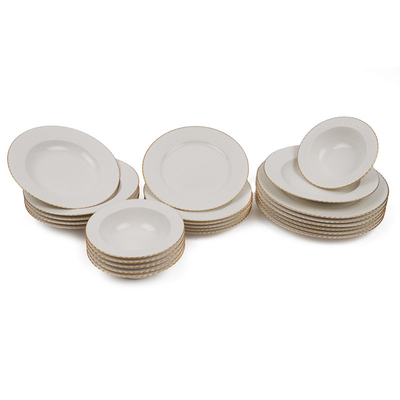 Ensemble de vaisselle élégant 24 pièces, blanc et doré, 6 assiettes de service (8,7 x 8,7 x 0,8 po), 6 assiettes (7,9 x 7,9 x 1,6 po), 6 bols (5,5 x 5,5 x 2,0 po), 6 assiettes à dessert ( 7,1 x 7,1 x 0,8 po) | 100% porcelaine, parfait pour les repas 