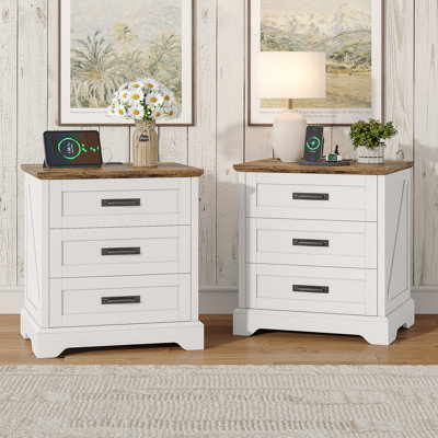 Farmhouse Nightstand with Charging Station, 3 Drawers Bedside Table, 22-inch Wide End Table for Bedroom, Living Room