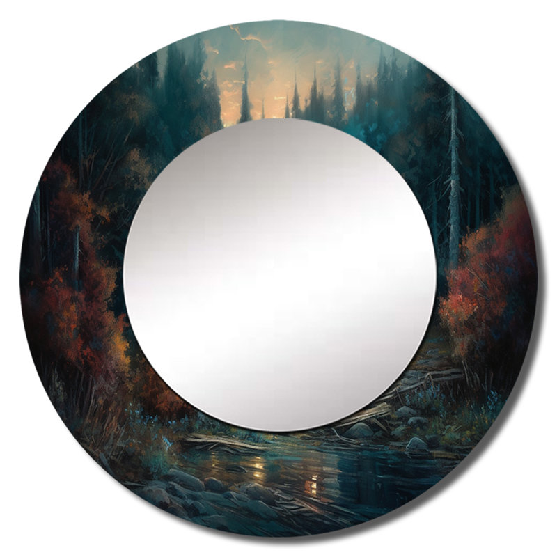 Paneque Cabin In The Woods - Forest Large Wall Mirror, Brown Round Unique Mirror, Printed Metal Art, 23" x 23"