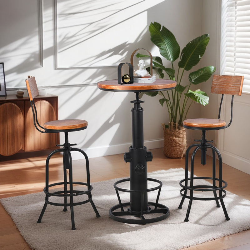 Industrial Bar Table 38.6"-44.5" Height Adjustable Swivel Round Wood Tabletop 23.6" Dia, Kitchen Dining Office Coffee Bistro Pub Table