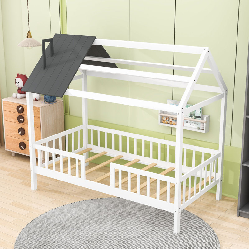 Twin-Size Wood House Bed With Roof And Fence, White/Gray
