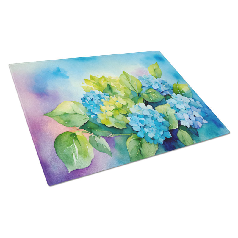 Hydrangeas in Watercolor Glass Cutting Board Large