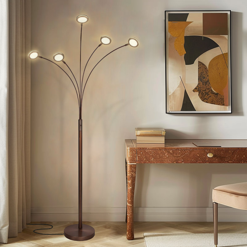 Orion Bronze 74" Modern LED 5-Arm Arc Floor Lamp With Metallic Rotating Heads, Bronze