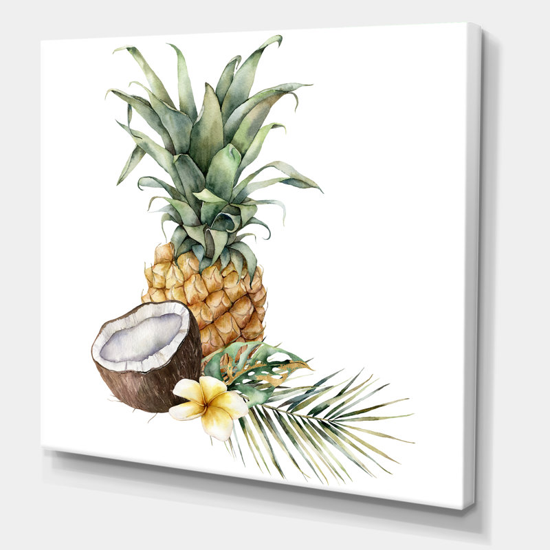 Ananas avec noix de coco, plumeria et feuilles de palmier - peinture sur toile tendue, H 16 po x l 16 po x P 1 po