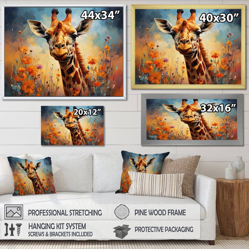 " Brown Giraffe Expressionist Grace ", 30" H x 40" W x 1.5" D, White Single Picture Framed