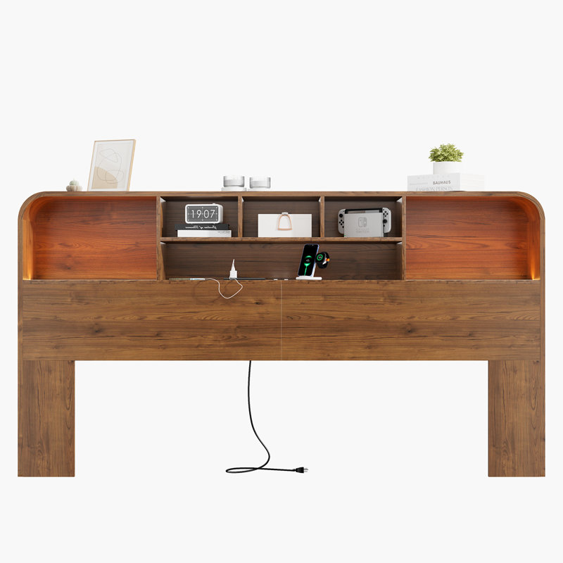Curved-Edge Bookcase Headboard with Built-In Charging Station & Adjustable LED Lighting, King, Brown, King