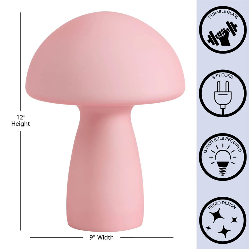 12" Modern Retro Glass Mushroom Table Lamp, Pink, Pink