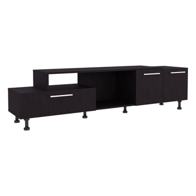 Meuble télé 69 po noir à deux niveaux avec une armoire à portes coulissantes, une armoire à deux portes et deux tablettes, gestion des câbles, salon wengé noir