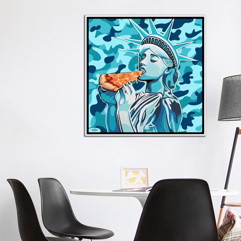 Liberty pizza-imprimé carré bleu, Pas de tapis, Toile blanche encadrée, H 37 po x l 37 po x P 1,5 po
